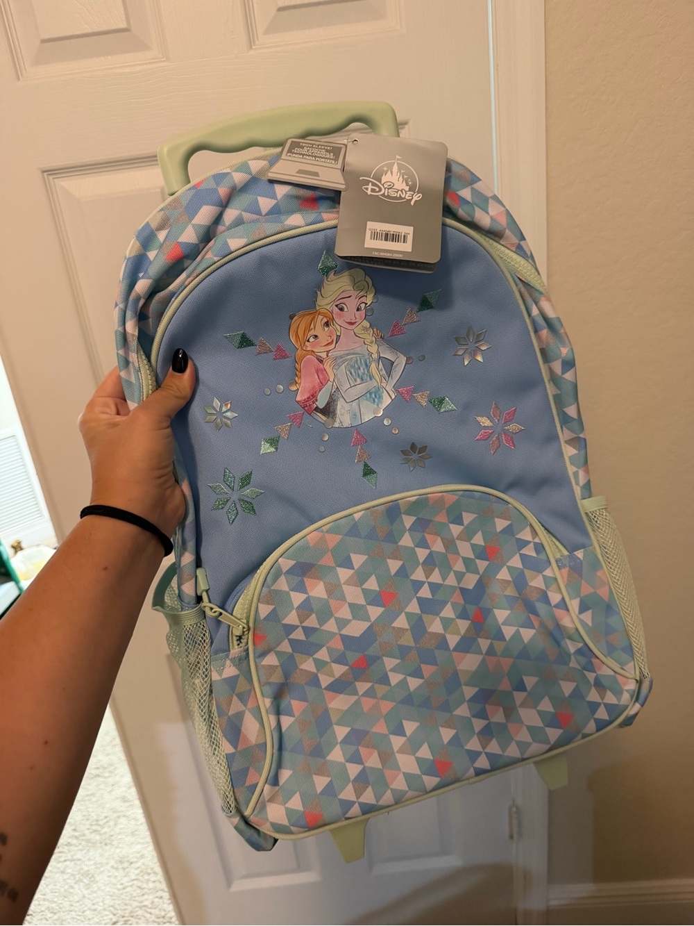 Disney Light Blue Frozen Elsa & Anna Kids Backpack with Pastel Geometric Print